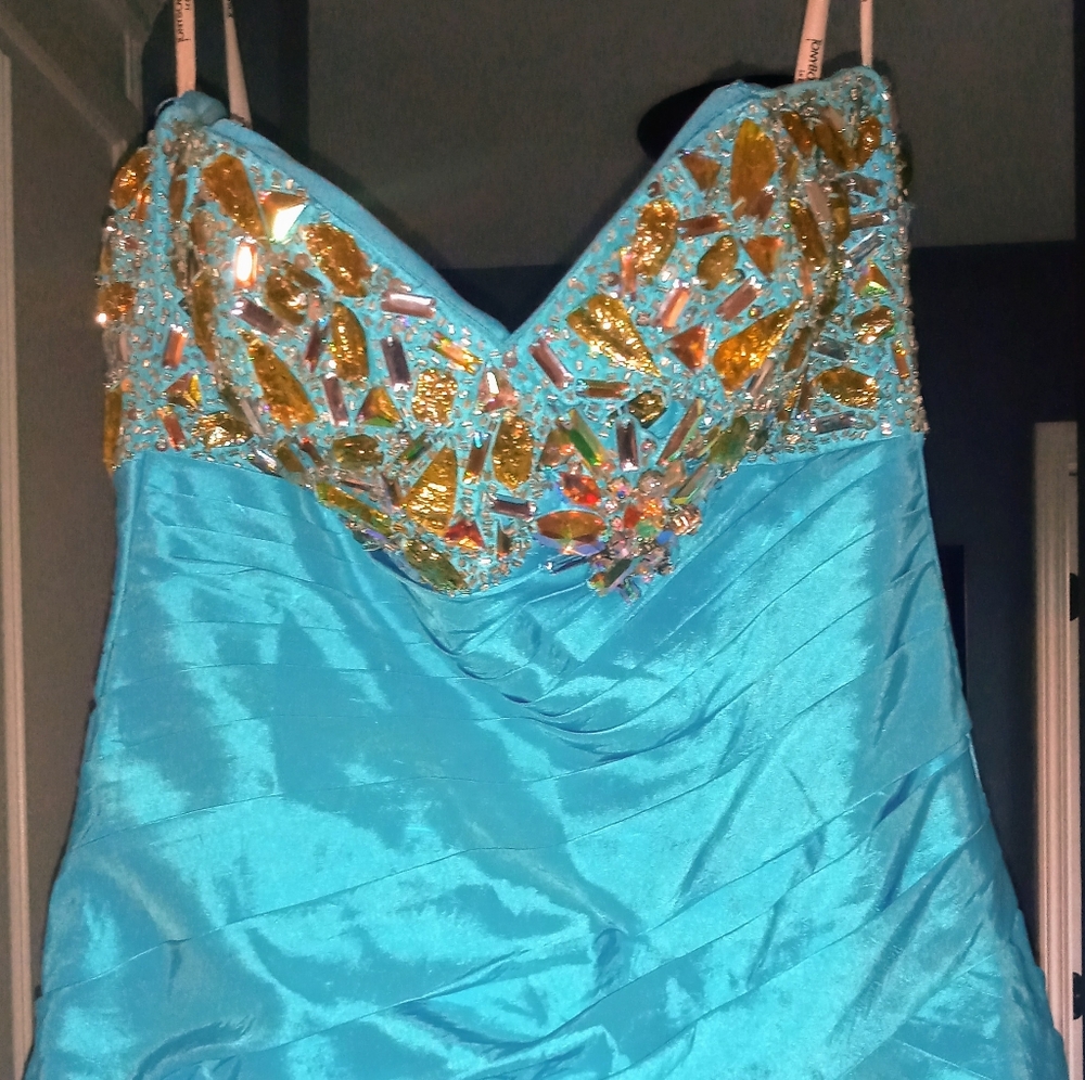 Light Blue Tony Bowls Ball Gown with green gems